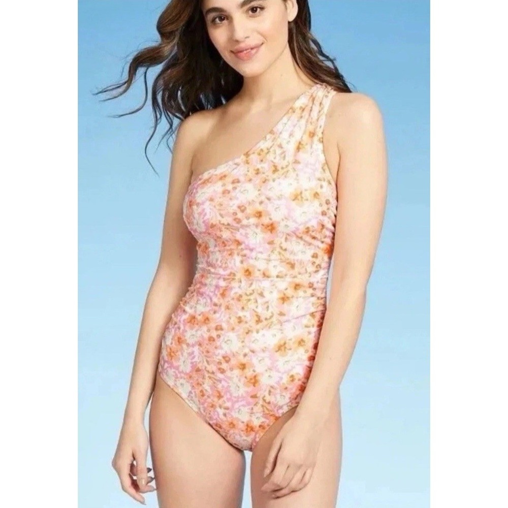 NWT Kona Sol Pink Orange Floral Asymmetric One Piece Swim Bathing Suit XL 16-18W